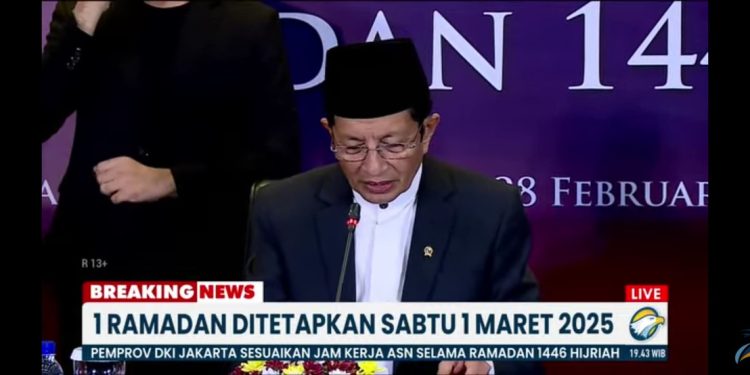Menteri Agama, Nasaruddin Umar, dalam konferensi pers menetapkan 1 Ramadan jatuh pada Sabtu, 1 Maret 2025. Foto: metrotv.