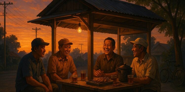 Di suatu sore yang damai, langit Jogja menggantungkan cahaya lembut di ufuk barat. Di sebuah angkringan kecil pinggir jalan, sekumpulan bapak-bapak duduk santai. Foto: LINES