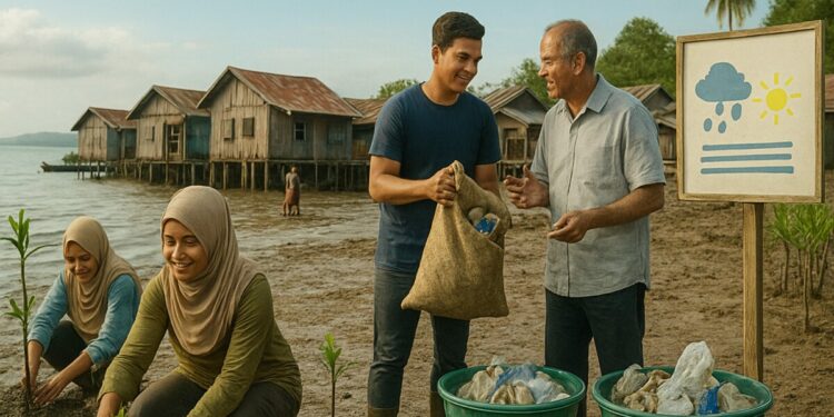Ilustrasi Warga Pesisir sedang menanam mangrove dan pengolahan sampah. (ing)